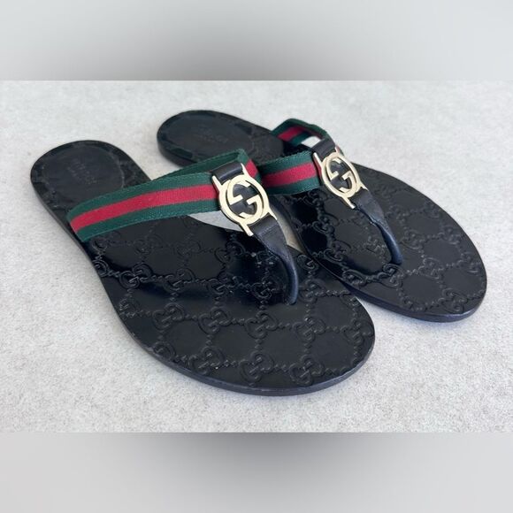 Gucci GG Logo Web Stripe Thong Sandals Black Flat Flip Flop Slide EU 37 US 7 - Picture 1 of 10